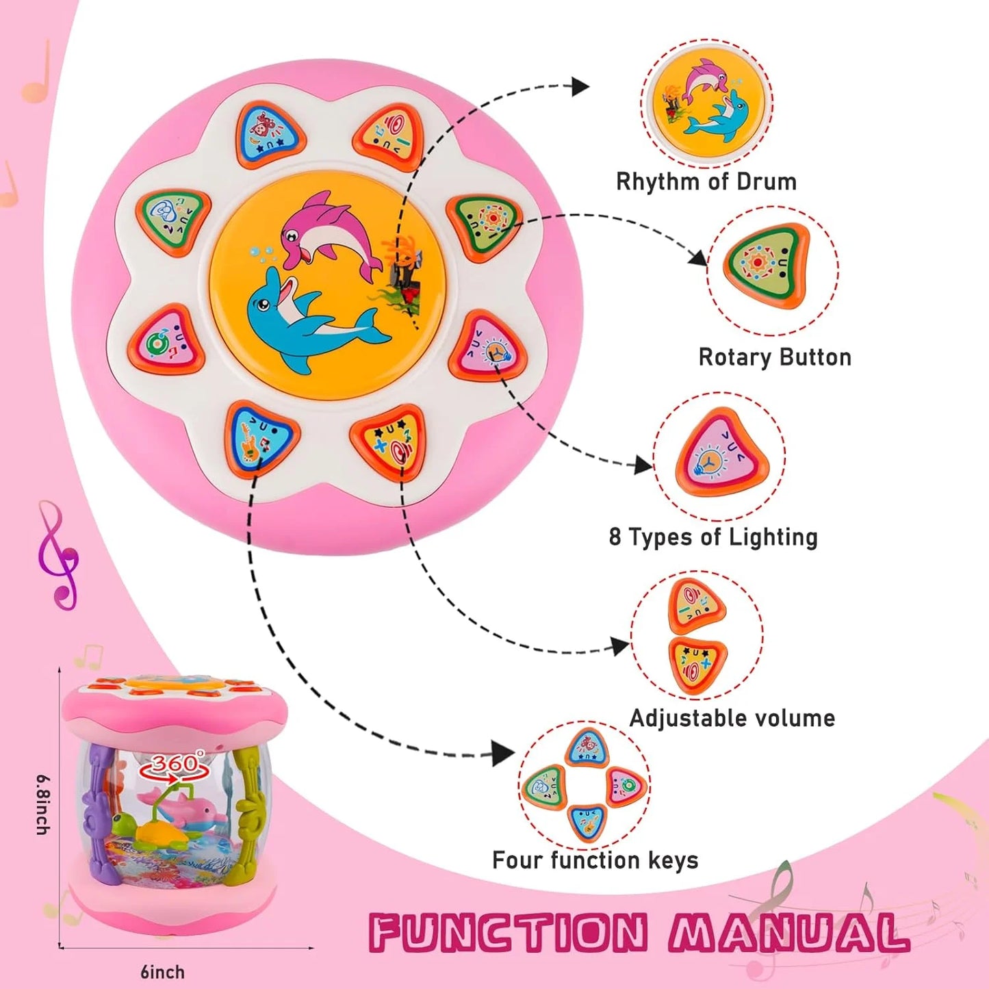 Interactive Music Light Roller 360° Rotating Lights Promote Baby Learn to Walk Grasping and Crawling Toy