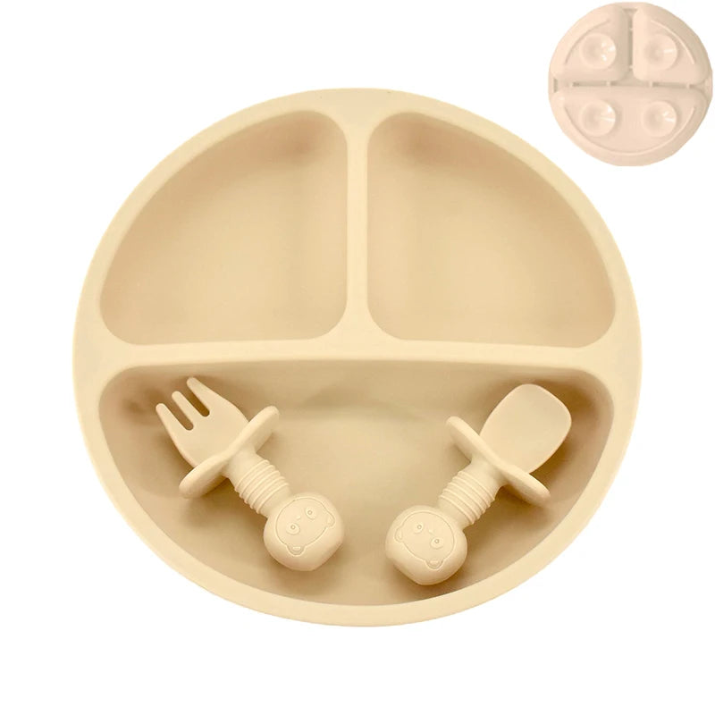 4Pcs/Set Baby Safe Silicone Dining Plate Solid Cute Cartoon Children Dishes Smile Face Baby Tableware Set Retro Kids Plate