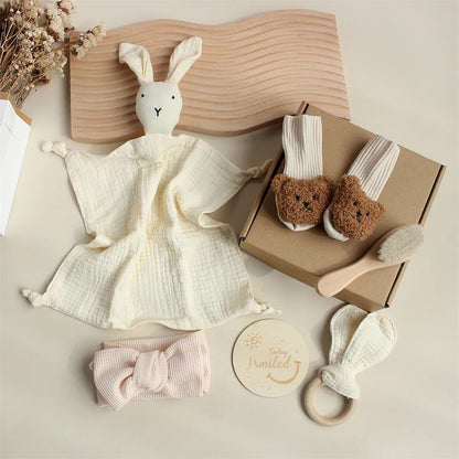 Customize The Name Newborn Gift Baby Cartoon Comfort Towel Baby Socks Mouthwash Towel Wash Box Newborn Bite Ring Headband Set