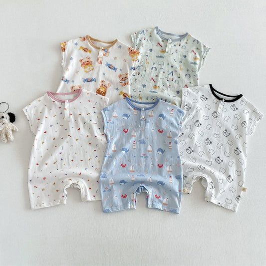 Summer Casual Baby Romper, Cute Cartoon Print Sleeveless One-Piece Bodysuit for Toddlers