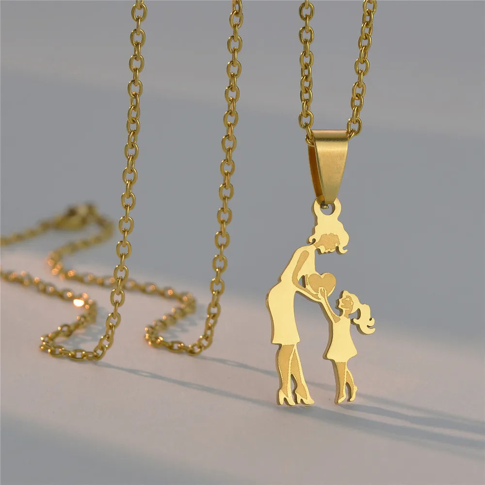Lovely Gold Color Family Pendant Necklaces Mom Dad Children Baby Woman Stainless Steel Choker Jewelry Mother Day Gift New
