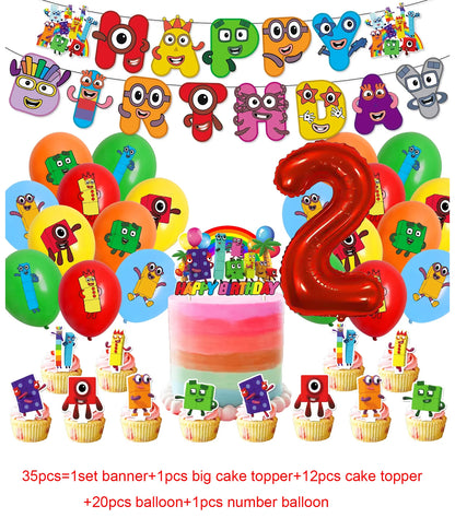 Number Birthday Decorations Building Blocks Tablecloth Banner Spiral Cake Topper Balloon for Kids Baby Shower Supplies Gifts
