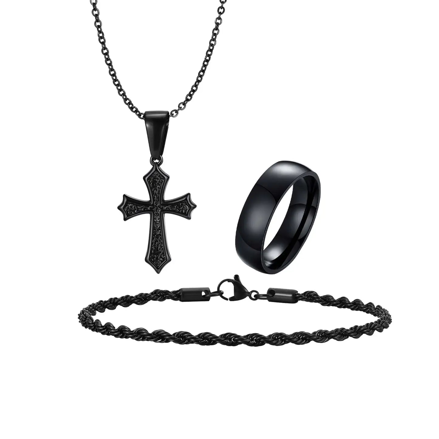 3pcs/set Men's Stylsh Cross Necklace Set,Stainless Steel Twistd Rope Chain Wristband,Cool Hip Hop Jewelry Set Gift