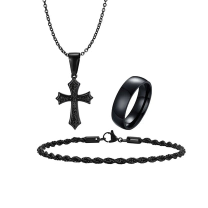 3pcs/set Men's Stylsh Cross Necklace Set,Stainless Steel Twistd Rope Chain Wristband,Cool Hip Hop Jewelry Set Gift