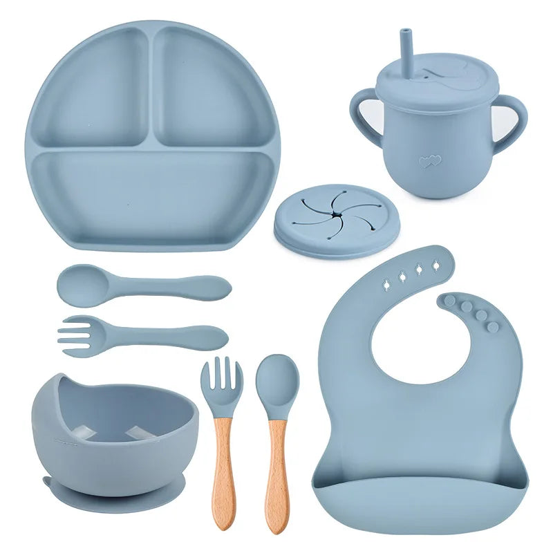 3/9Pcs Baby Tableware Set Food Grade Silicone Baby Dishes for Children's Cute Print Bib Bowl Non-Slip Plates with Sucker BPAFREE
