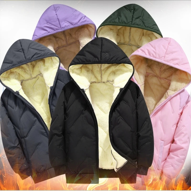 Winter Keep Warm Boys Girl Jacket Lined With Velvet Thick Cotton Padded Hooded Coat Kids Children Out The Cold Outerwear