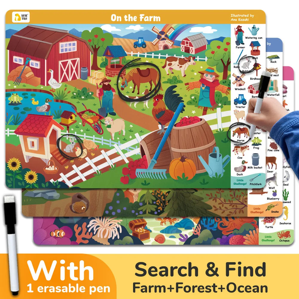 3 Themes Search and Find Game Looking for Different Interactive Activity Painting Kit Drawing Books with Reusable Pen