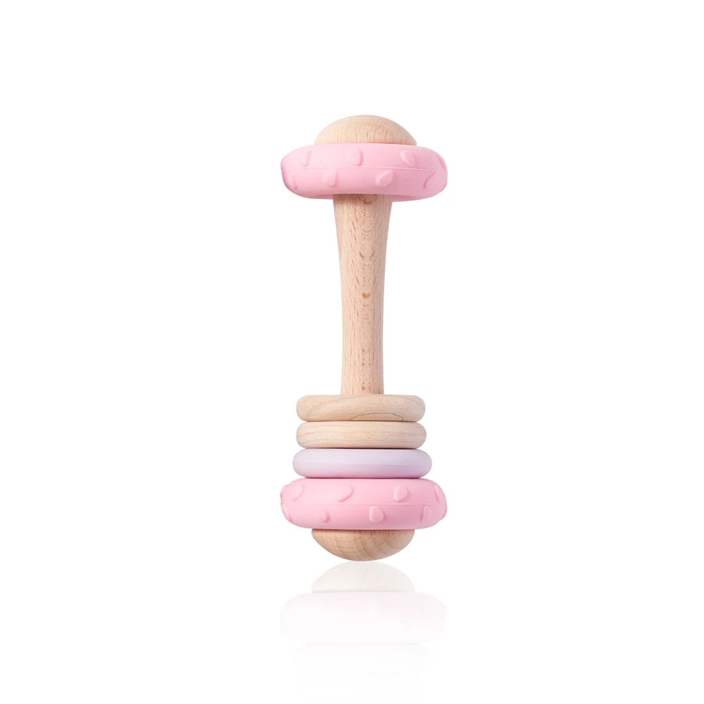 Baby Silicone Teething Toy – Upgraded Rattle, Natural Wood, Food Grade & Gnawable, Easy to Clean, Sensory Training for Infants