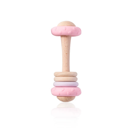 Baby Silicone Teething Toy – Upgraded Rattle, Natural Wood, Food Grade & Gnawable, Easy to Clean, Sensory Training for Infants