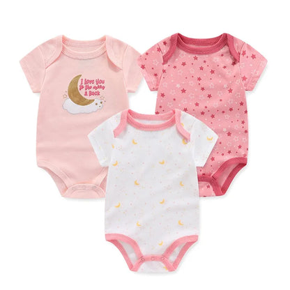 Cotton Newborn Baby Boy Clothes 3Pieces Summer 0-12M Cartoon Baby Girl Clothes Print Bodysuits Short Sleeve