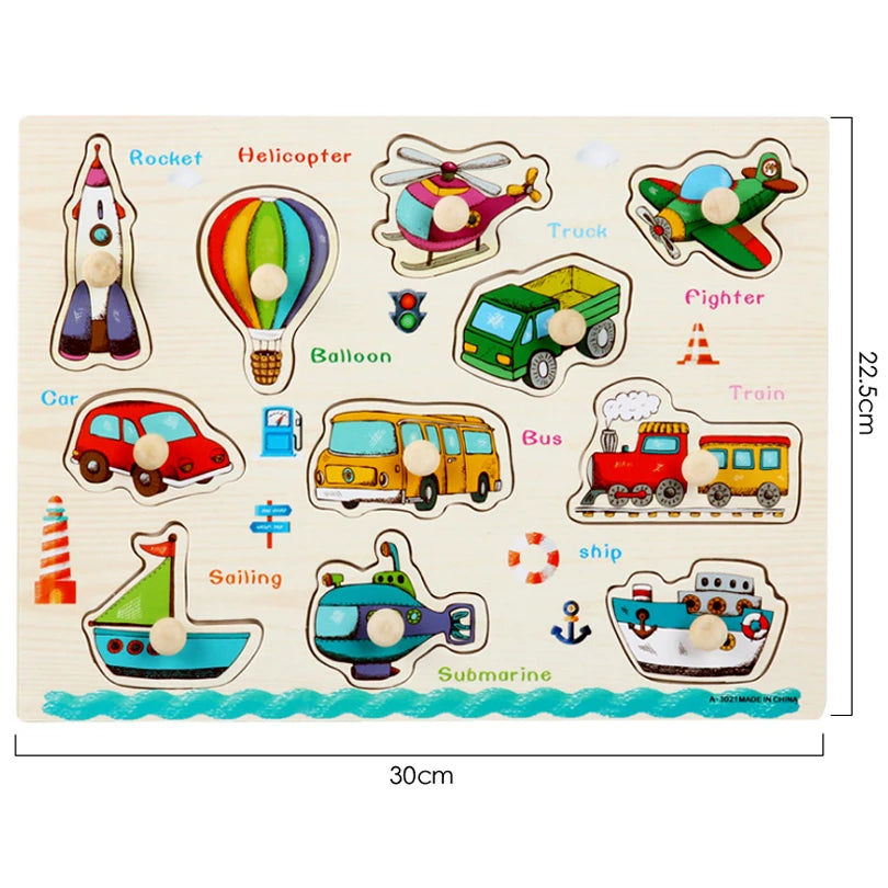 30cm Baby Toys Wooden Puzzle Hand Grab Board Educational Wood Puzzles for Kids Cartoon Animal Vehicle Child Gift