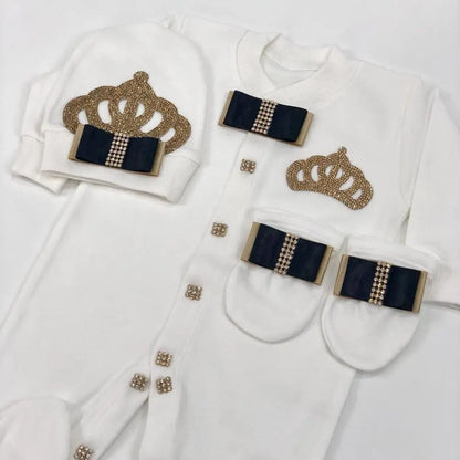 Light Pink Newborn Baby Personalized Name Outfits 4 Pieces Welcome Home Hospital Crown Jewelry Romper Set Layette