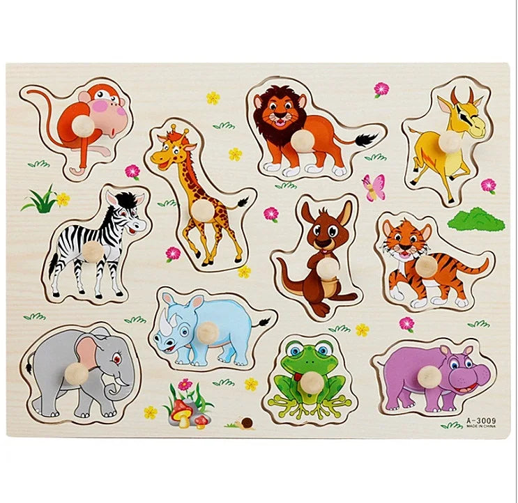 30cm Baby Toys Wooden Puzzle Hand Grab Board Educational Wood Puzzles for Kids Cartoon Animal Vehicle Child Gift