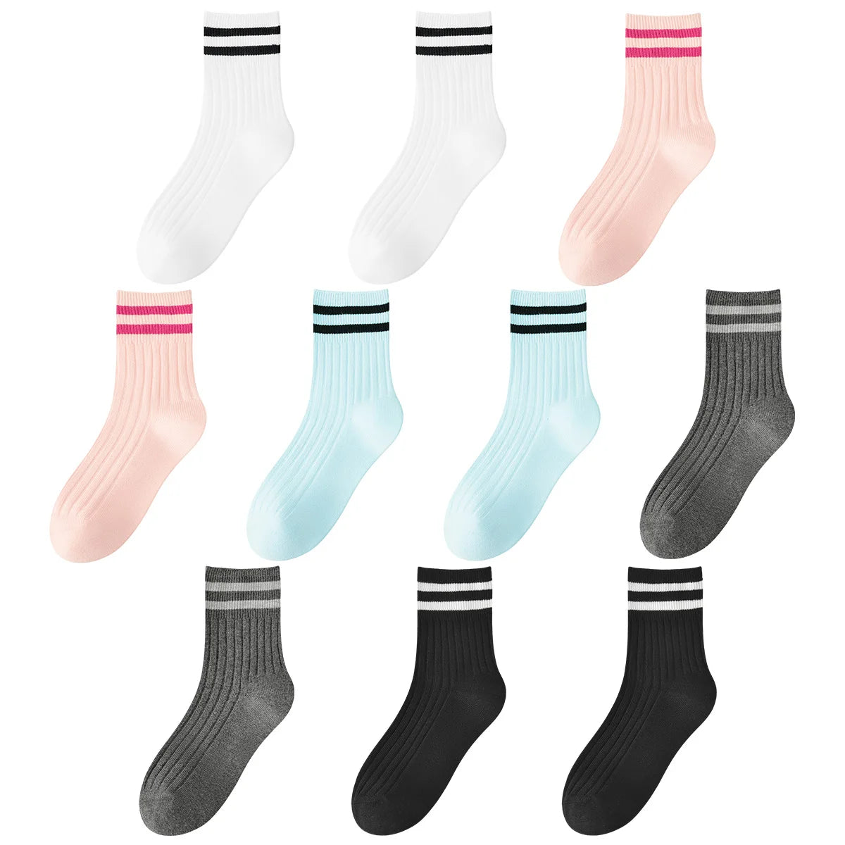 Kids Boys Girls Cotton Socks - Seamless Double Needle Ribbed 2-Stripe, All Season School Home Sports Socks