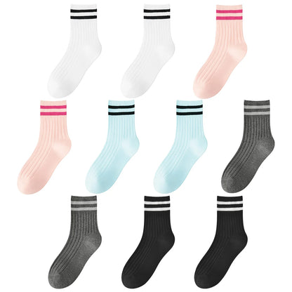 Kids Boys Girls Cotton Socks - Seamless Double Needle Ribbed 2-Stripe, All Season School Home Sports Socks