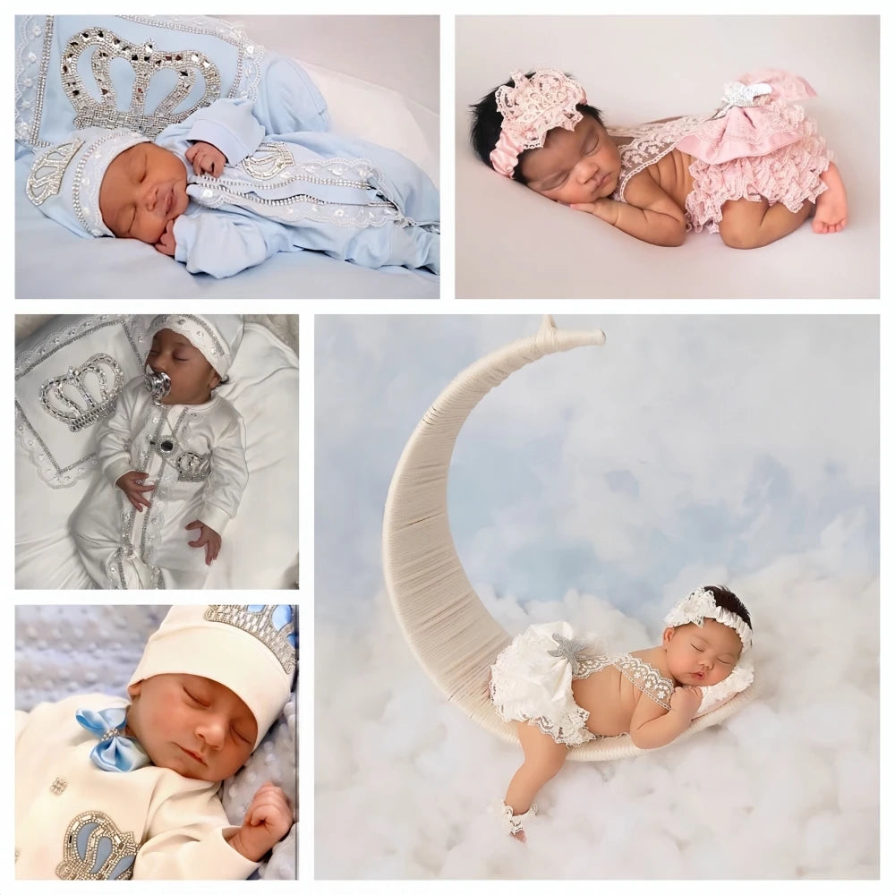 Light Pink Newborn Baby Personalized Name Outfits 4 Pieces Welcome Home Hospital Crown Jewelry Romper Set Layette