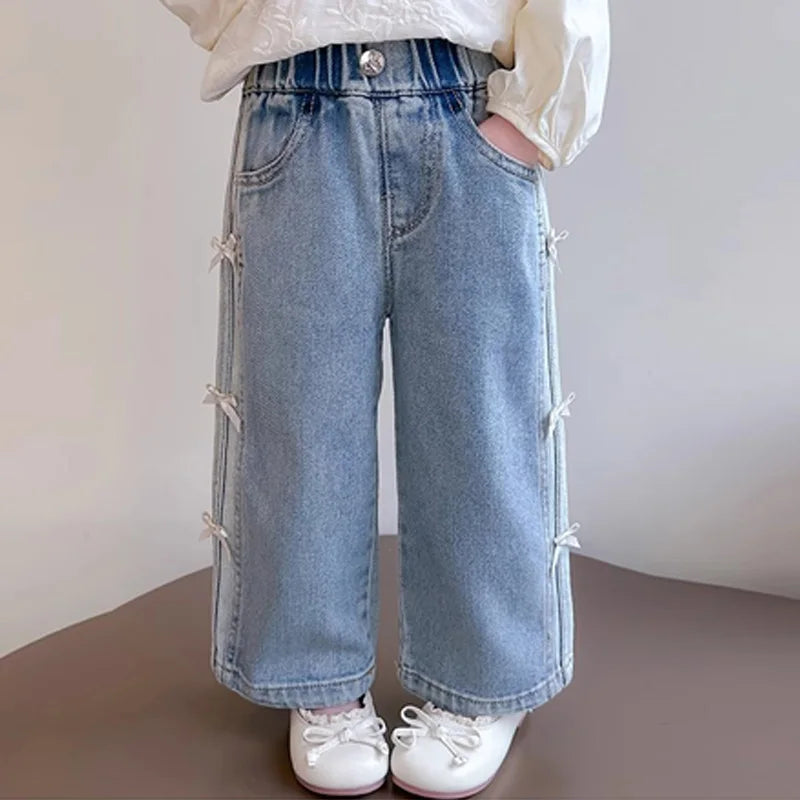 Girls Spring Jeans Kids Summer Bow Denim Pants Children's Straight Wide-leg Trousers Toddler Autumn Loose Clothing 2-8Y