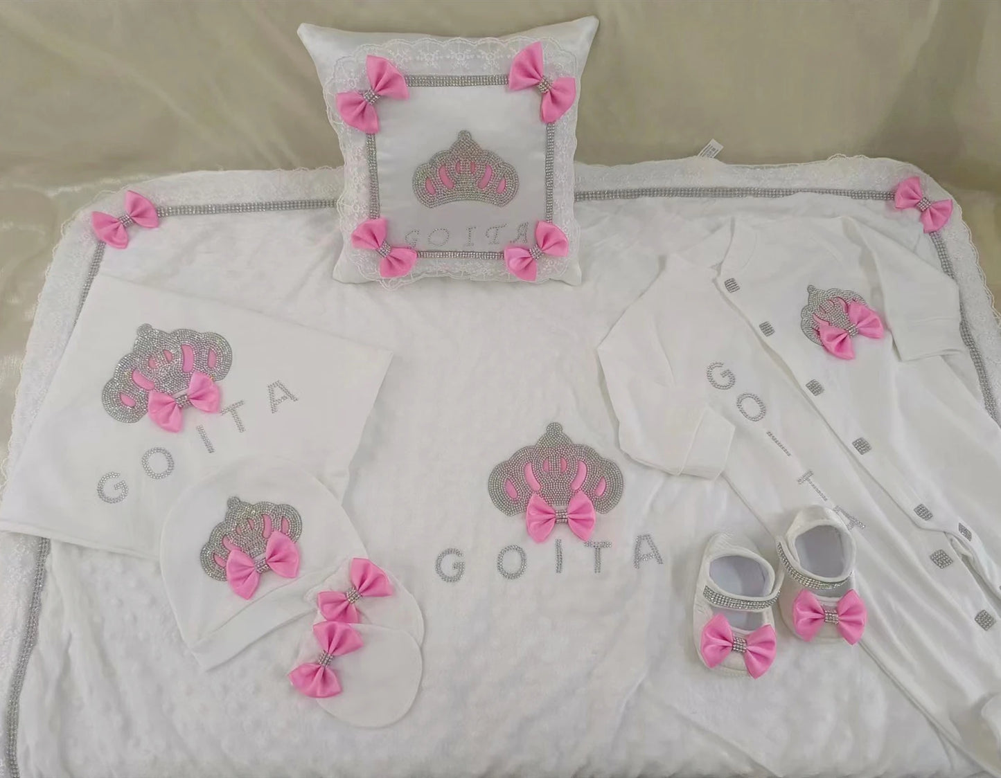 5pcs Baby Girl Outfits Set Welcome Home Hosptial Infant Receiving Blanket Pillow Bed Hat Mittens Romper Set