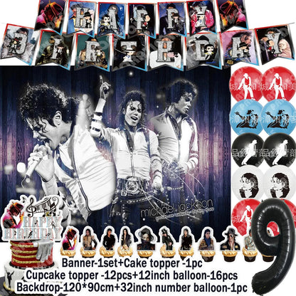 Music&Michael&J-jackson Birthday Party Supplies Banner Latex Balloons Cake Topper Cupcake Toppers Backdrop Fans Kids Adults Gift