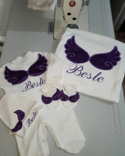 Dollbling 3pcs Wings Outfits Plus Blanket Any Name Embroidery Sweetwood Gift Set Baby Pajamas Hat Welcome Home Ceremonial dress