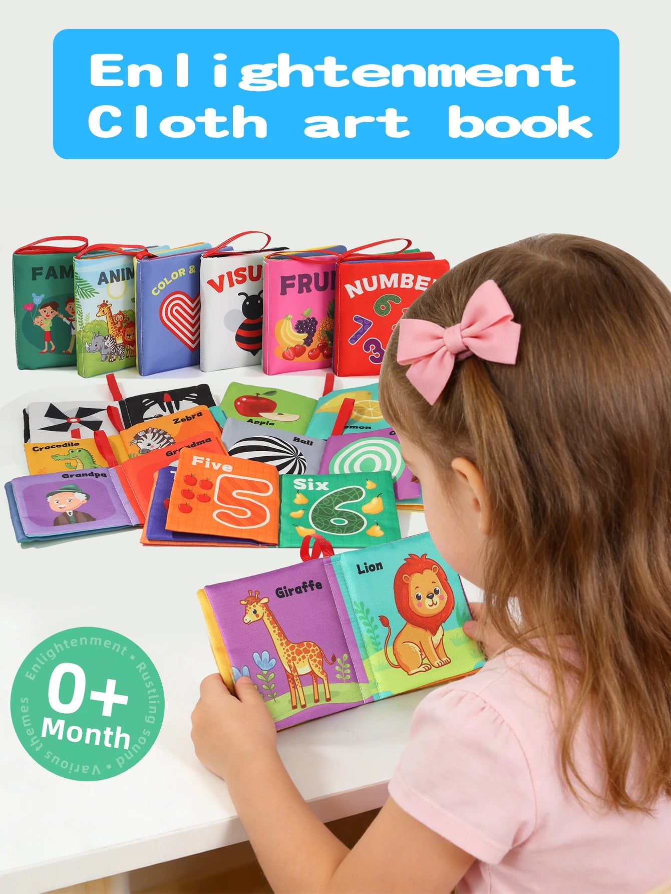 6Pcs Baby Cloth Books Set Non-Tearable Sensory Books for Early Learning Fruit Animal Number Cognition Toy 0-12 Months
