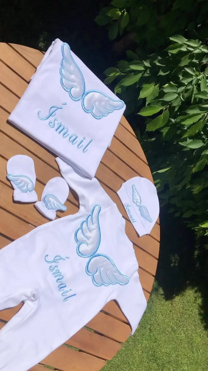 Dollbling 3pcs Wings Outfits Plus Blanket Any Name Embroidery Sweetwood Gift Set Baby Pajamas Hat Welcome Home Ceremonial dress