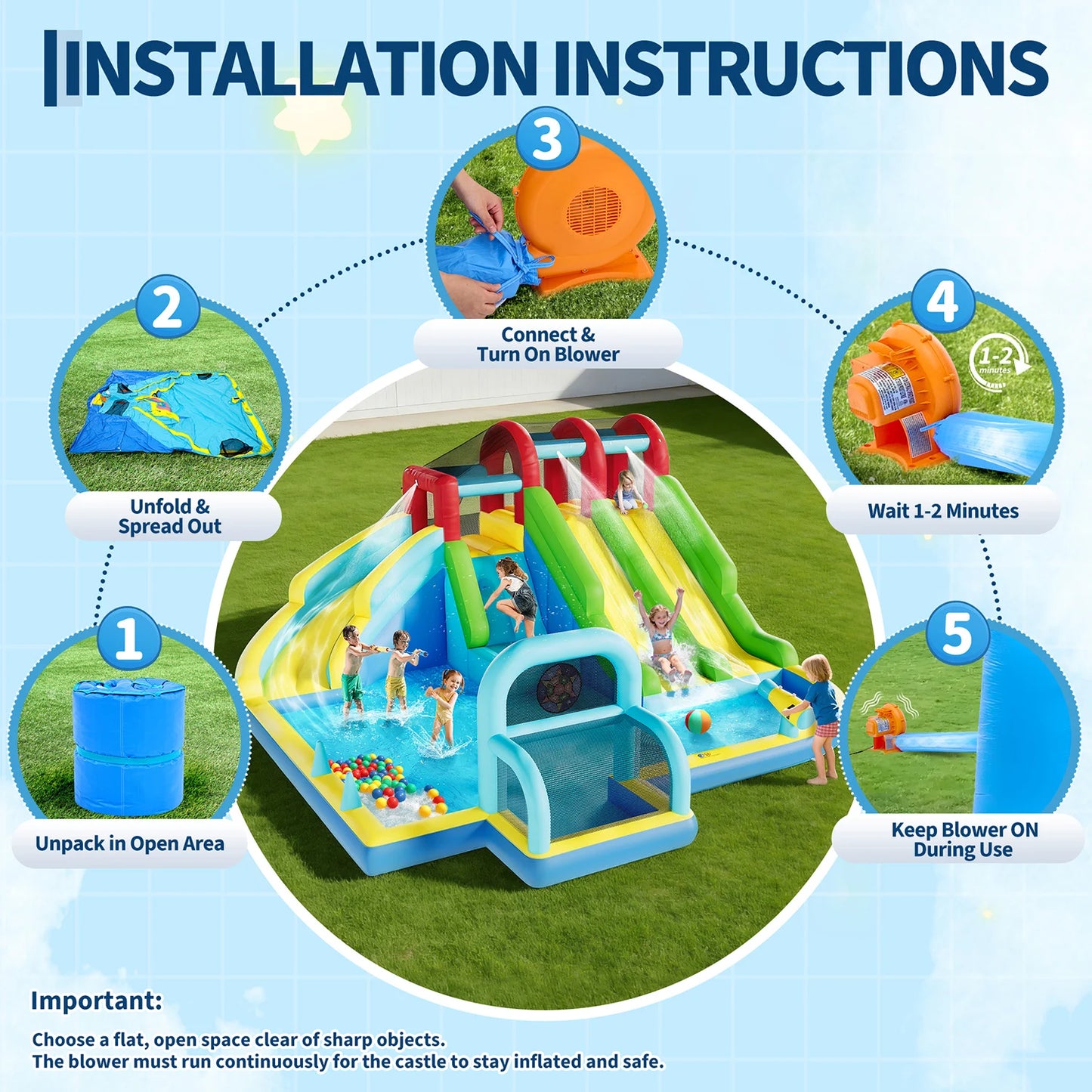 Inflatable Bounce House 3 Water Slides Oxford Fabric with Blower