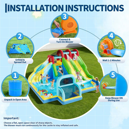 Indoor Outdoor Inflatable Bounce Castle w/3 Water Slides