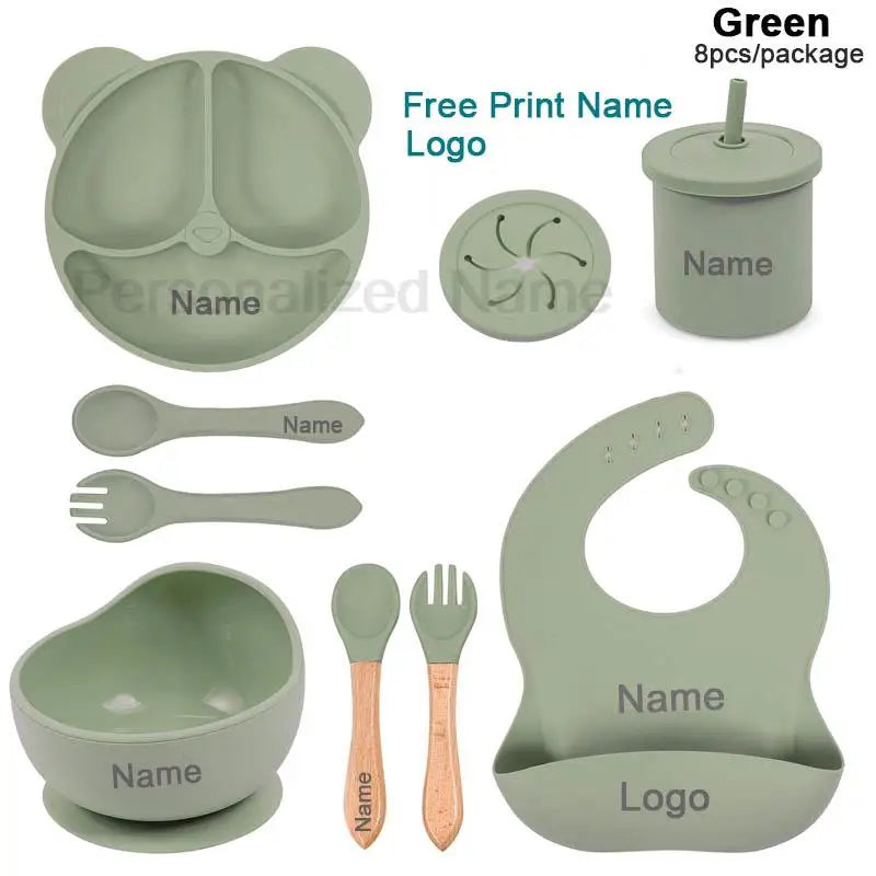 Silicone Sucker Bowl Plate Cup Bibs Spoon Fork Sets Personalized Name Children's Feeding Dishes Silicone Tableware Set For Kids