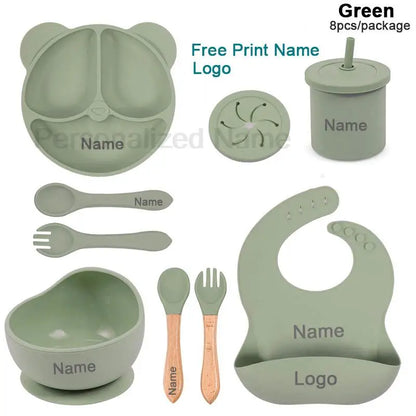 Silicone Sucker Bowl Plate Cup Bibs Spoon Fork Sets Personalized Name Children's Feeding Dishes Silicone Tableware Set For Kids