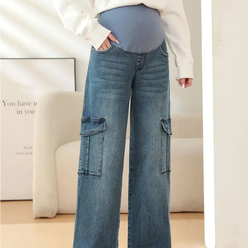 Maternity Washed Denim Jeans for Pregnant Women Clothes Elastic Waist Belly Loose Pants Pregnancy Clothing Clothe