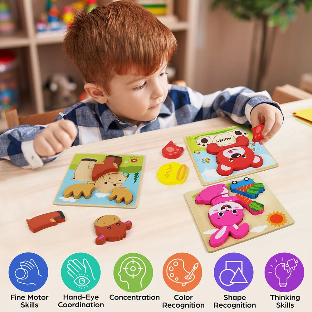 8 Pack Animal Wooden Puzzles Toys For Toddlers Boys Girls, Learning Educational Preschool