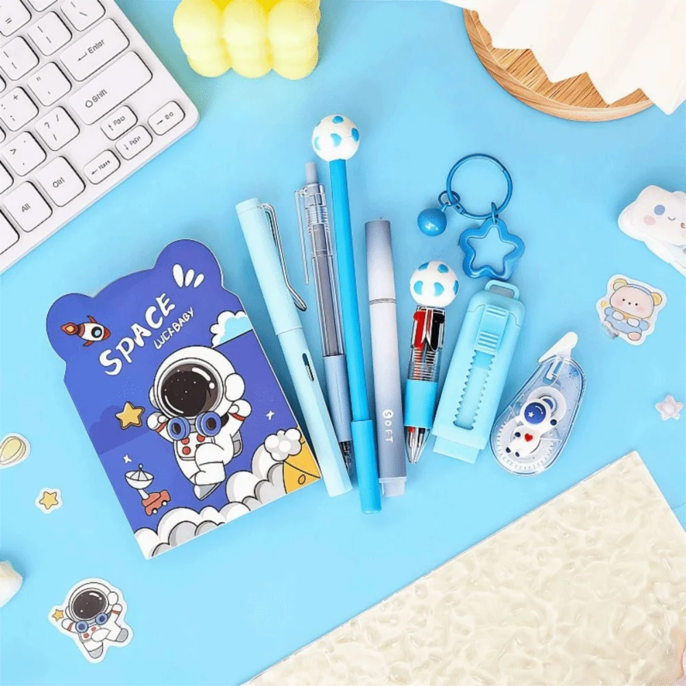 Cartoon School Stationery Set 6 Color Pens Stick Note Student Tools Gift Kit Eraser Large Capacity Learning Gift Box