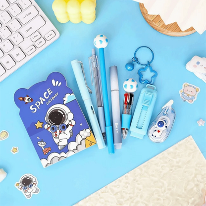 Cartoon School Stationery Set 6 Color Pens Stick Note Student Tools Gift Kit Eraser Large Capacity Learning Gift Box