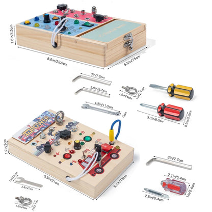 Montessori Wooden LED Light Busy Board Sensory Toy Baby Simulation Nut Screw Tool Kids Fine Motor Skills Educational Travel Toy