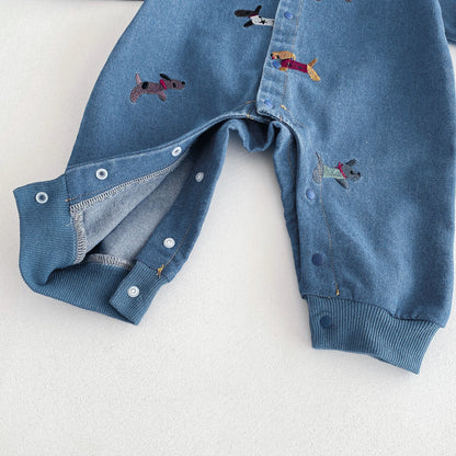 one-piece suit, denim autumn wear, embroidered outdoor crawling clothes for boys
