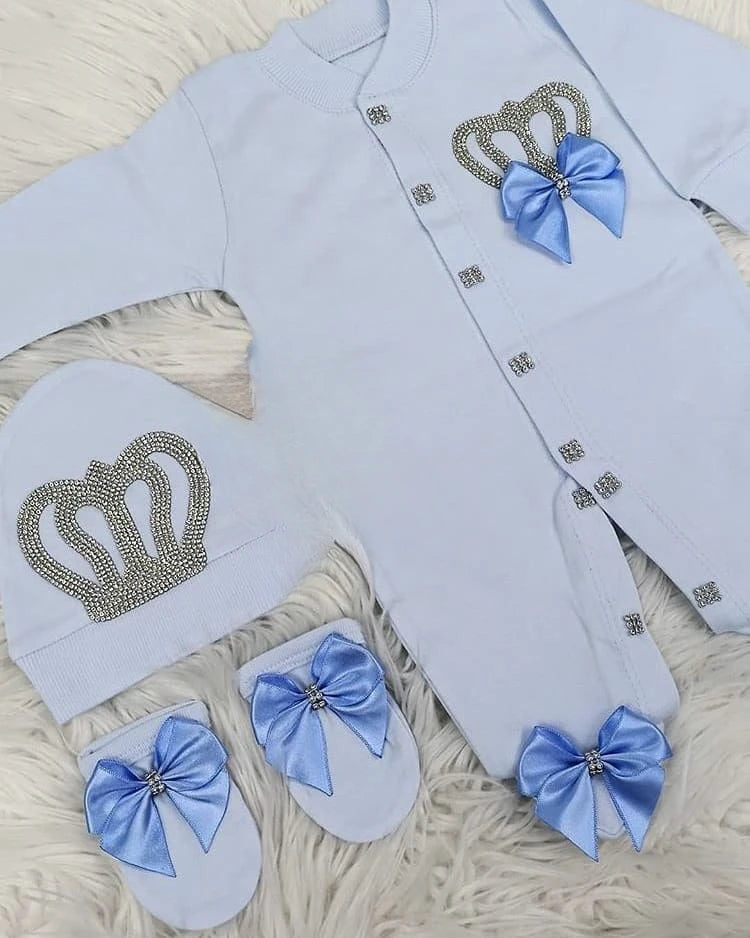 Baby Prince Welcome Home 3pcs Crown Layette Hospital Exit Newborn Outfits Swaddle Set Hello World I'm new Cotton