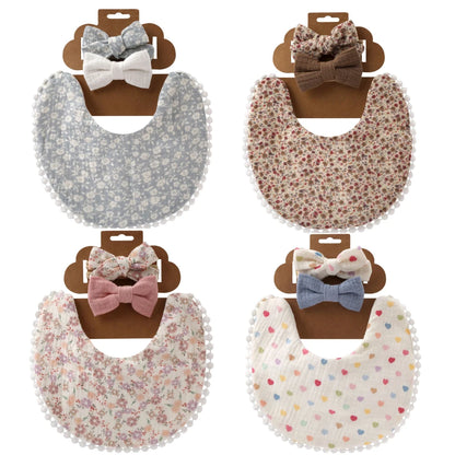 3Pcs/Set Cute Baby Girl Bibs Cotton Floral Infant Burp Cloth With Bow Headband Double Side Saliva Towel Newborn Accessories