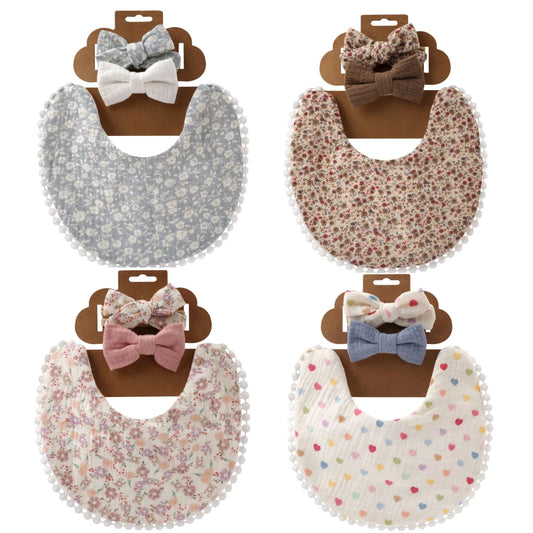 3Pcs/Set Cute Baby Girl Bibs Cotton Floral Infant Burp Cloth With Bow Headband Double Side Saliva Towel Newborn Accessories