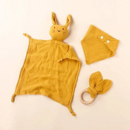 3pcs Set Cotton Muslin Baby Bib Stuffed Rabbit Doll Newborn Appease Towel Security Blanket Baby Sleeping Cuddling Towel Teether
