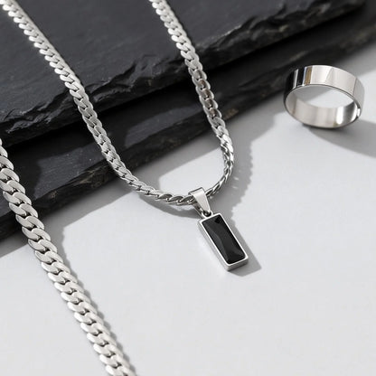 Stylish 3pcs Men's Flat Cuban Chain Jewelry Set,Stainless Steel Geometric Stone Pendent,Hip Hop Jewelry Gifts for Dad Son Him
