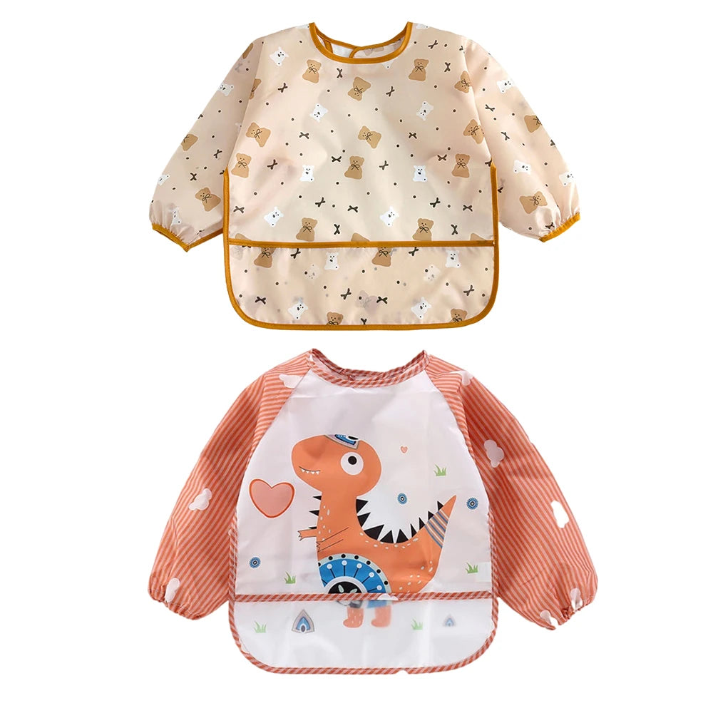 2pcs Waterproof Full Sleeve Baby Bibs Children Apron Long Sleeve Feeding Smock Kids Eating Breastplate Infant Scarf Clothing
