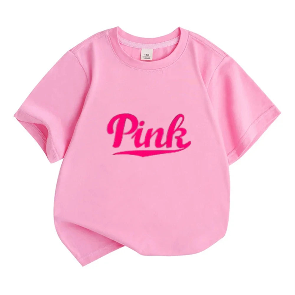 Kids Summer Girl Round Neck Black T-shirt+Shorts Short-sleeved Toddler 3-12Y Casual Sports Set Fashion Pink letter print