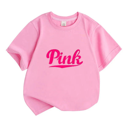 Kids Summer Girl Round Neck Black T-shirt+Shorts Short-sleeved Toddler 3-12Y Casual Sports Set Fashion Pink letter print