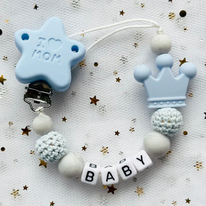 NEW Custom Personalized Name Pacifier Clip Handmade Beech Wooden Chain Silicone Crown Holder Soother Baby Teething Toy Chew Gift