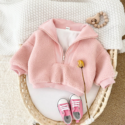 Winter Warm Baby Clothing Girls Coat Solid Half Zip Velvet Wool Jackets