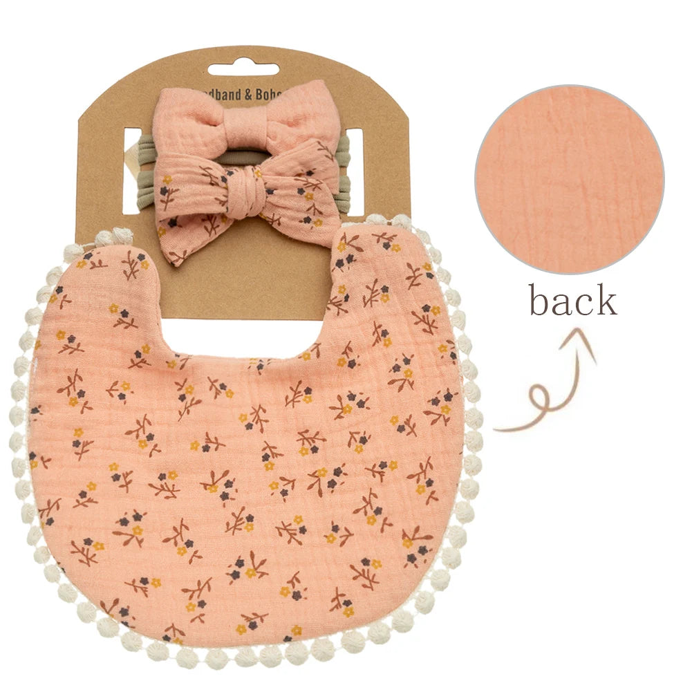 3-Piece Baby Bib & Headband Set, Double-Sided Feeding and Burp Cloth with Soft Nylon Bow Headbands