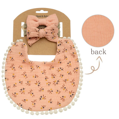 3-Piece Baby Bib & Headband Set, Double-Sided Feeding and Burp Cloth with Soft Nylon Bow Headbands