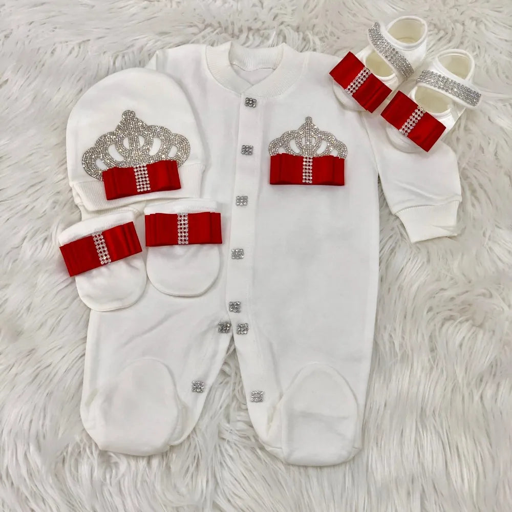 Dollbling Emerald Newborn Baby Boy Personalized Name Outfits 4pcs Welcome Home Hospital Crown Jewelry Romper Set