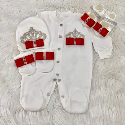 Dollbling Emerald Newborn Baby Boy Personalized Name Outfits 4pcs Welcome Home Hospital Crown Jewelry Romper Set